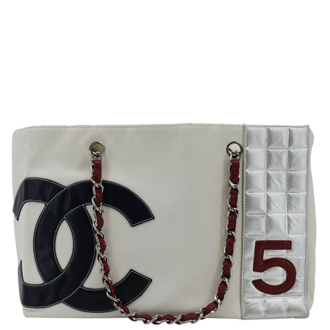 CHANEL Foil No.5 Canvas Chain Shopping Tote Bag White