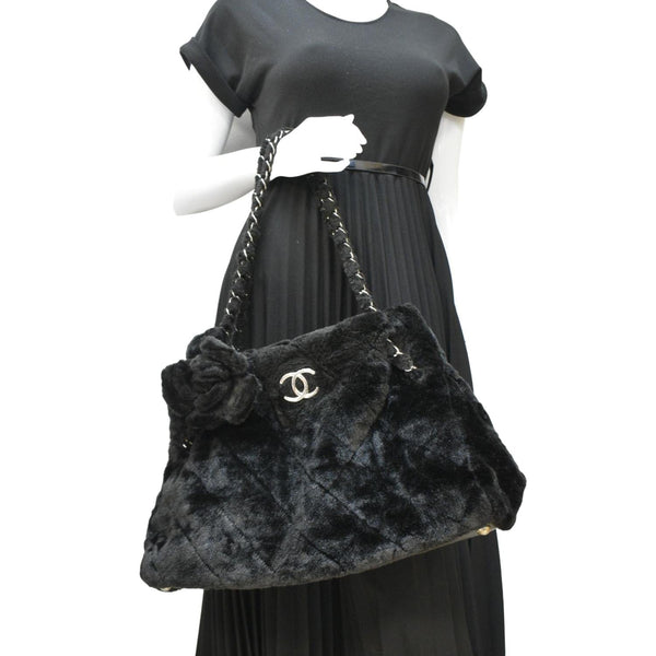 CHANEL Large Camellia Fantasy Faux Fur Tote Bag Black