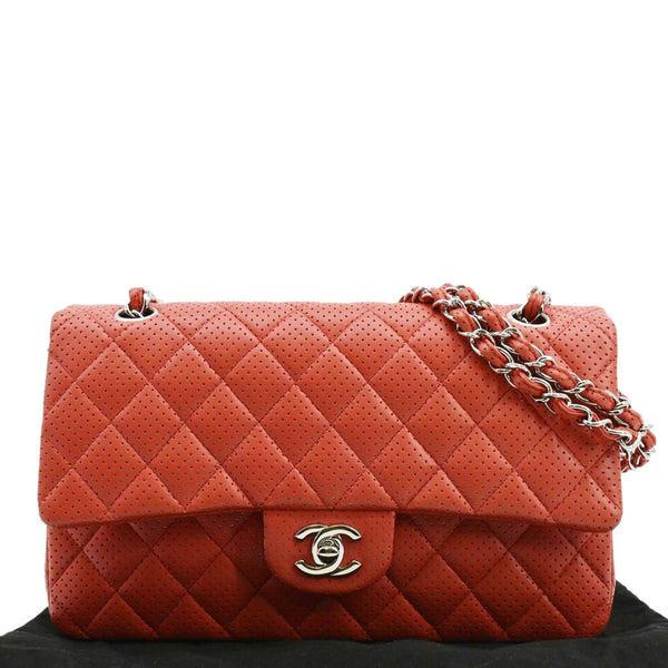 CHANEL Classic Medium Double Flap Quilted Perforated Leather Shoulder Bag Red