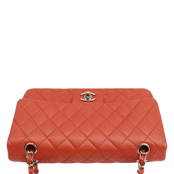 CHANEL Classic Medium Double Flap Quilted Perforated Leather Shoulder Bag Red