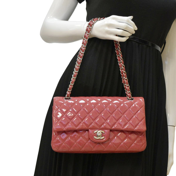 CHANEL Classic Double Flap Patent Leather Shoulder Bag Rose Pink