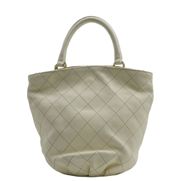 CHANEL CC Lock Bucket Stitched Leather Tote Shoulder Bag Off White
