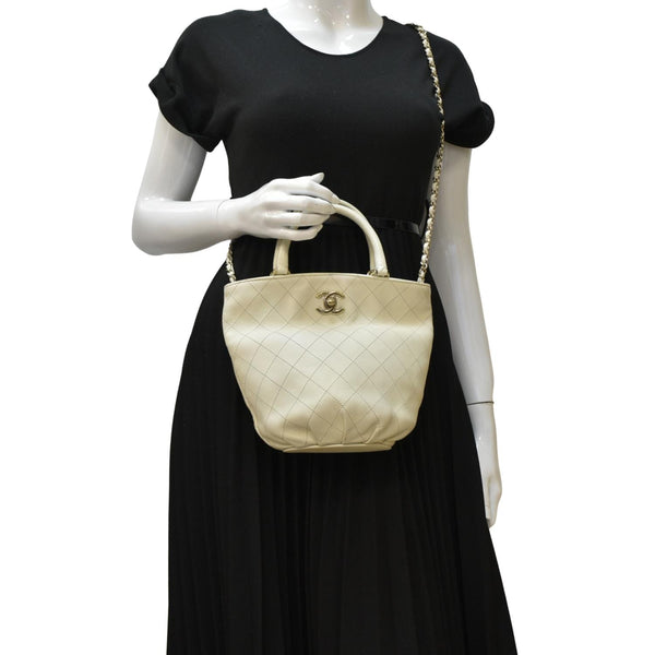 CHANEL CC Lock Bucket Stitched Leather Tote Shoulder Bag Off White
