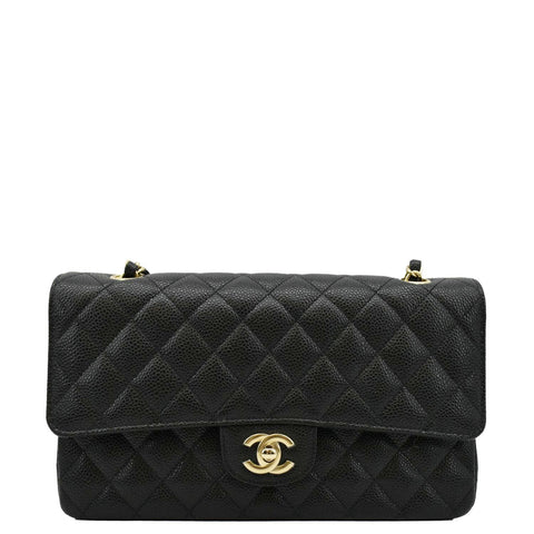 CHANEL Classic Medium Flap Quilted Caviar Leather Shoulder Bag Black
