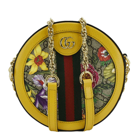 GUCCI Ophidia Mini Flora GG Round Supreme Monogram Web Crossbody Bag Yellow 550618