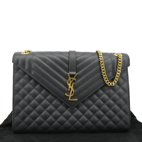 YVES SAINT LAURENT Large Envelope Chevron Leather Shoulder Bag Dark Grey