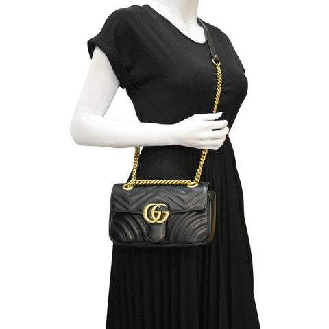 GUCCI GG Marmont Mini Leather Shoulder Bag Black 446744