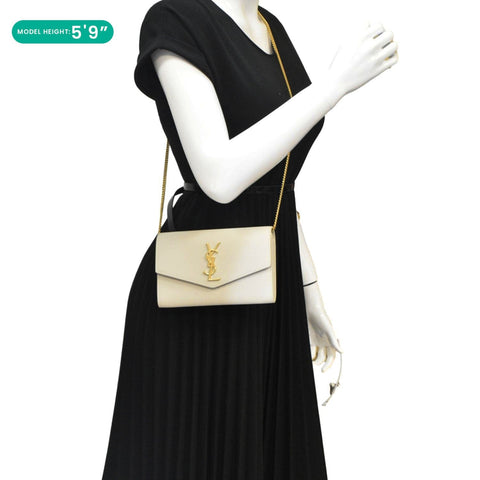 YVES SAINT LAURENT Uptown Grain De Poudre Embossed Leather Chain Wallet White