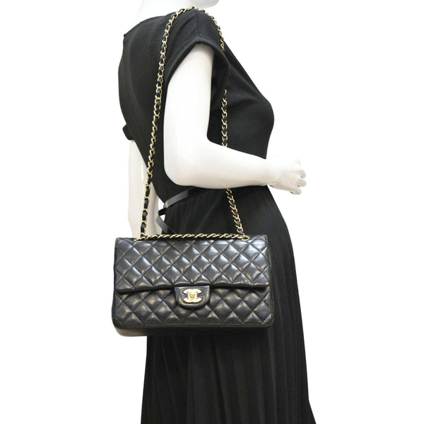 CHANEL Classic Medium Double Flap Quilted Leather Shoulder Bag Black