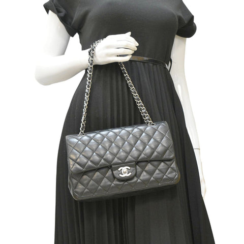 CHANEL Classic Medium Double Flap Quilted Leather Shoulder Bag Black