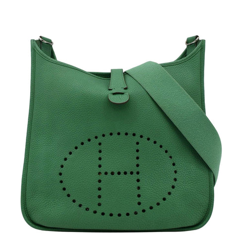 HERMES Evelyne PM III Clemence Leather Crossbody Bag Green