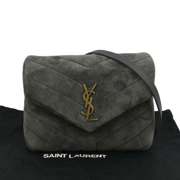 YVES SAINT LAURENT Toy Loulou Crossbody Bag Gray Suede with close front view