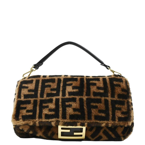 FENDI Baguette Medium FF Shearling Sheepskin Shoulder Bag Brown