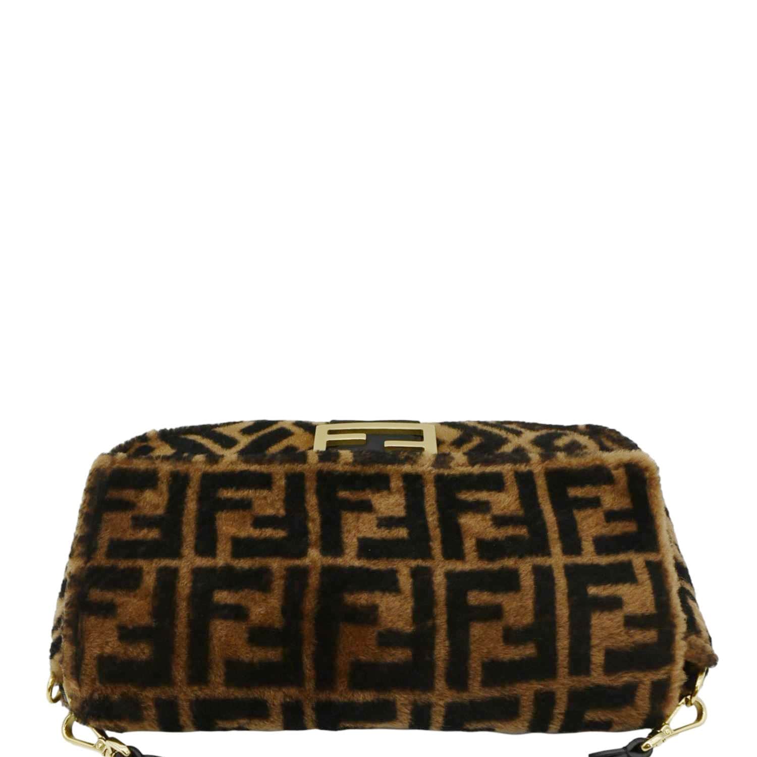 FENDI Baguette Medium FF Shearling Sheepskin Shoulder Bag Brown