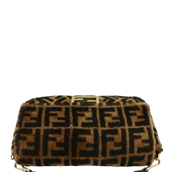 FENDI Baguette Medium FF Shearling Sheepskin Shoulder Bag Brown