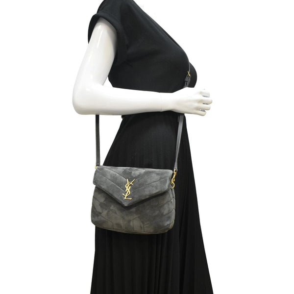YVES SAINT LAURENT Toy Loulou Crossbody Bag Gray Suede with body view