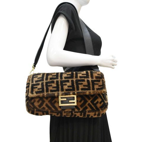 FENDI Baguette Medium FF Shearling Sheepskin Shoulder Bag Brown
