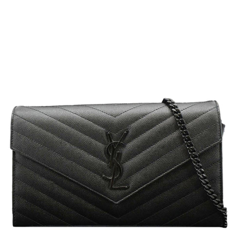 YVES SAINT LAURENT Cassandre Envelope Grain De Poudre Leather Chain Crossbody Bag Black