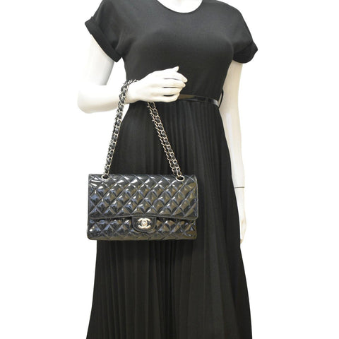 CHANEL Medium Double Flap Quilted Patent Leather Shoulder Bag Olive