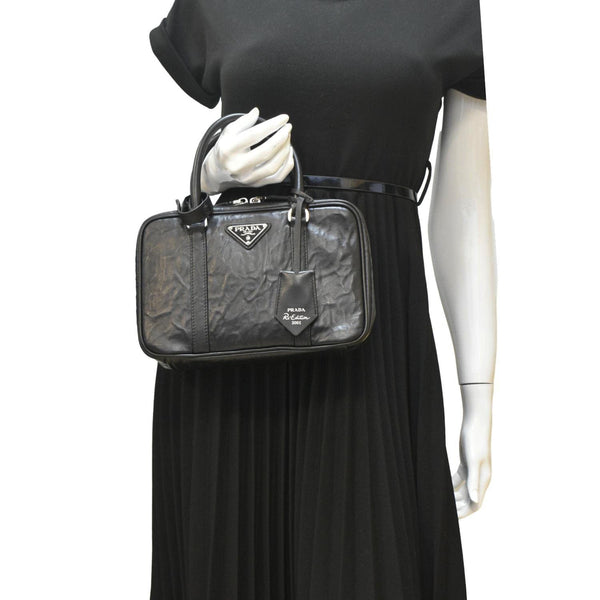 PRADA Re-edition 2001 Medium Antique Nappa Leather Shoulder Bag Black