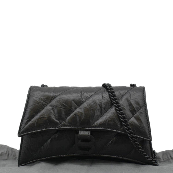 BALENCIAGA Hourglass Crushed Leather Chain Wallet Shoulder Bag Black