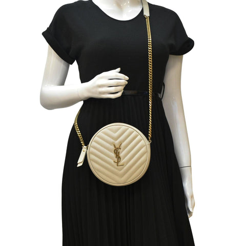 YVES SAINT LAURENT Vinyle Round Chevron Leather Camera Crossbody Bag Grey