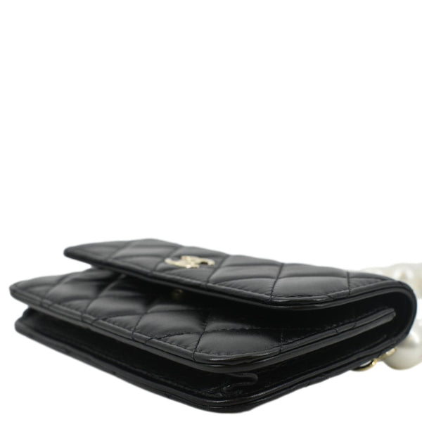 CHANEL Pearl Strap CC Mini Quilted Leather Wallet on Chain Shoulder Bag Black