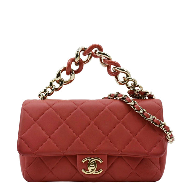 CHANEL Resin Chain Flap Lambskin Quilted Leather Shoulder Bag Red
