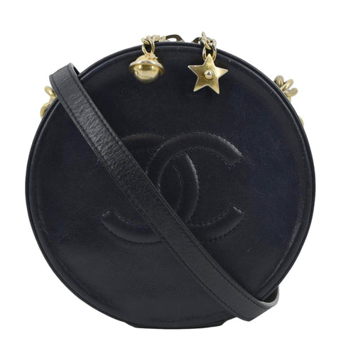 CHANEL Glazed Round As Earth Leather Evening Crossbody Bag Navy Blue
