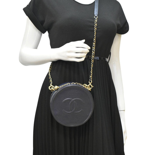 CHANEL Navy Glazed Round As Earth Leather Crossbody Bag with body view