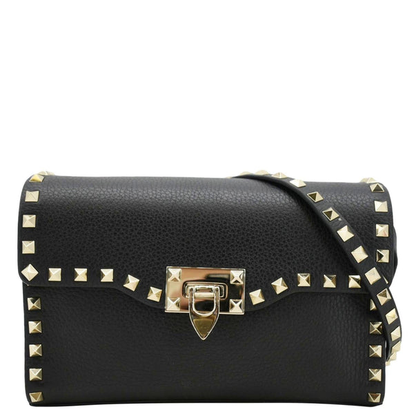 VALENTINO Rockstud Flip Lock Leather Shoulder Bag Black