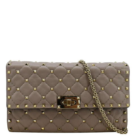 VALENTINO Rockstud Spike Quilted Leather Chain Crossbody Bag Poudre