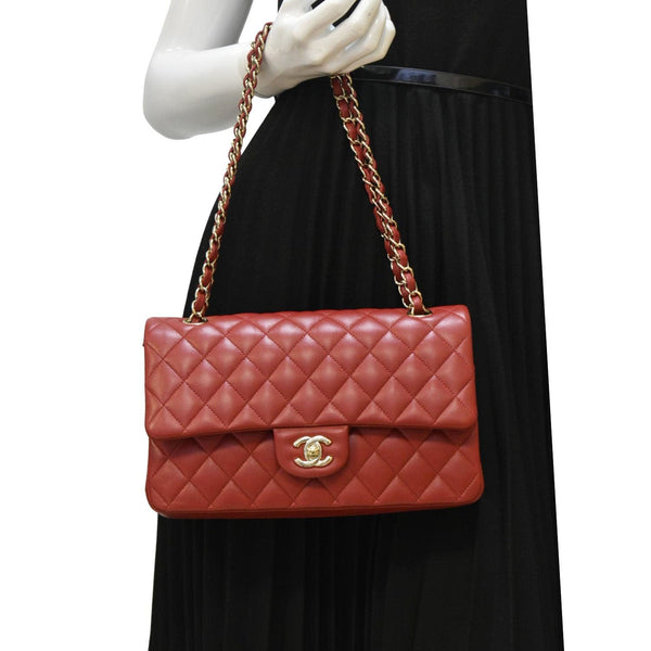 CHANEL Classic Medium Double Flap Quilted Leather Shoulder Bag Red