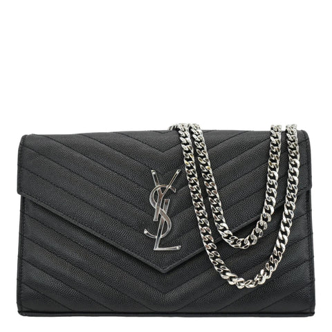 YVES SAINT LAURENT Envelope Chevron Leather Chain Wallet Crossbody Bag Black