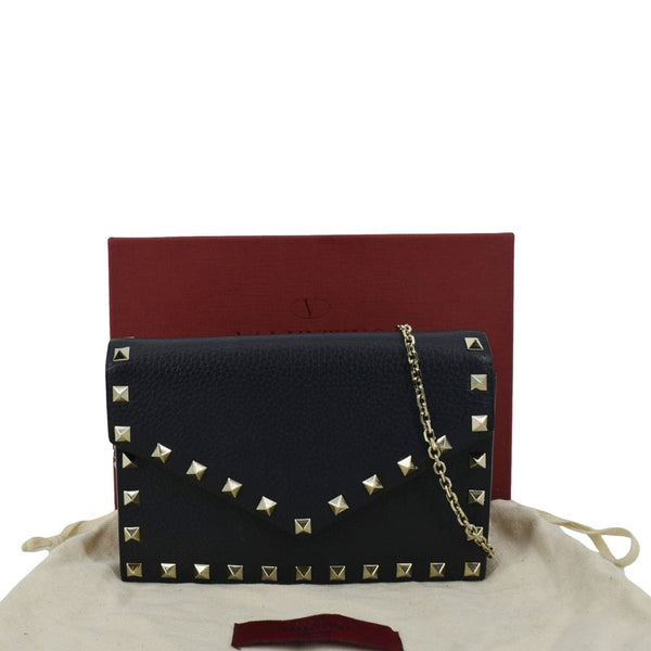 VALENTINO Rockstud Leather Wallet On Chain Crossbody Bag Navy Blue