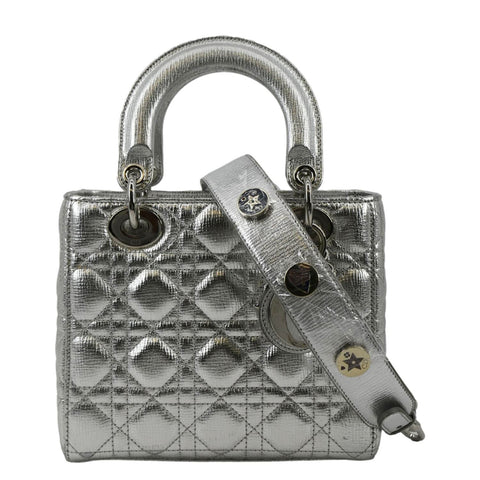 CHRISTIAN DIOR Lady Dior Lambskin Leather Shoulder Bag Metallic Silver