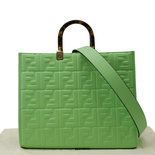 FENDI Sunshine Medium Embossed Leather Shopper Tote Bag Green