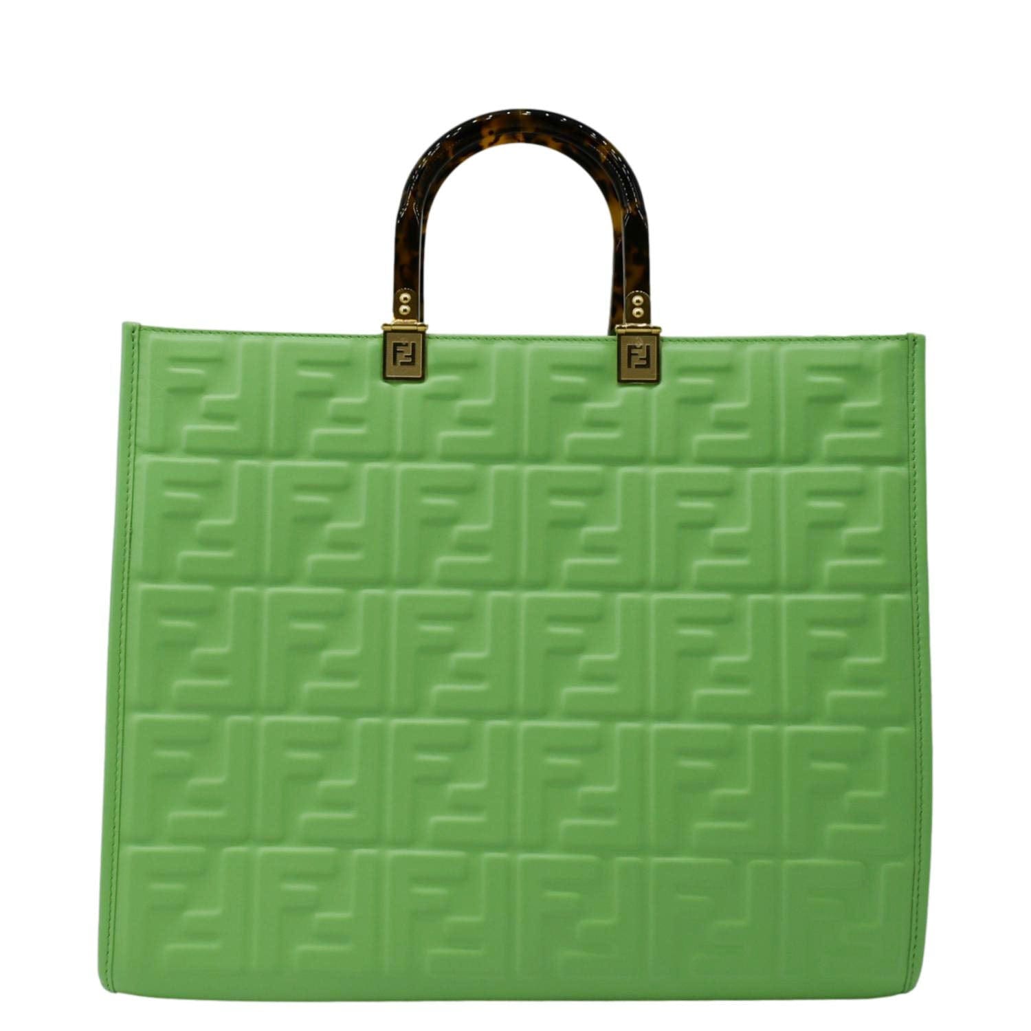 FENDI Sunshine Medium Embossed Leather Shopper Tote Bag Green