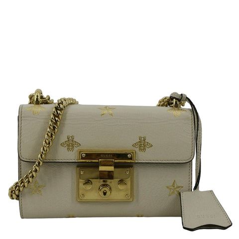 GUCCI Padlock Bee Leather Shoulder Bag Ivory 432182
