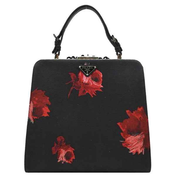 PRADA Canapa Floral Frame Canvas Top Handle Tote Bag Bag Black