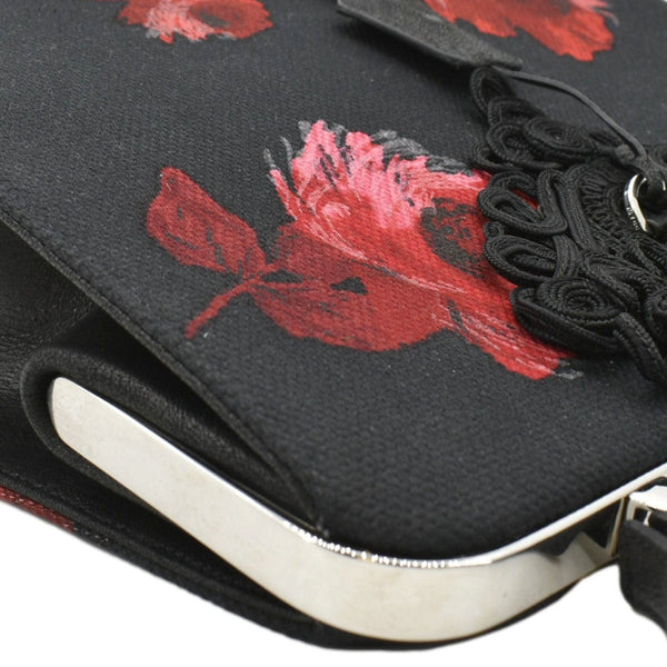 PRADA Canapa Floral Frame Canvas Top Handle Tote Bag Bag Black