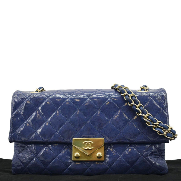 Chanel Envelope Lock 3 Small Quilted Patent Leather Shoulder Bag Blue