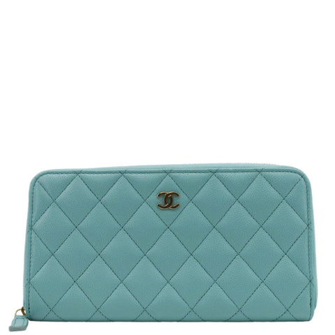 CHANEL Zip Around Quilted Caviar Leather Wallet Turquoise