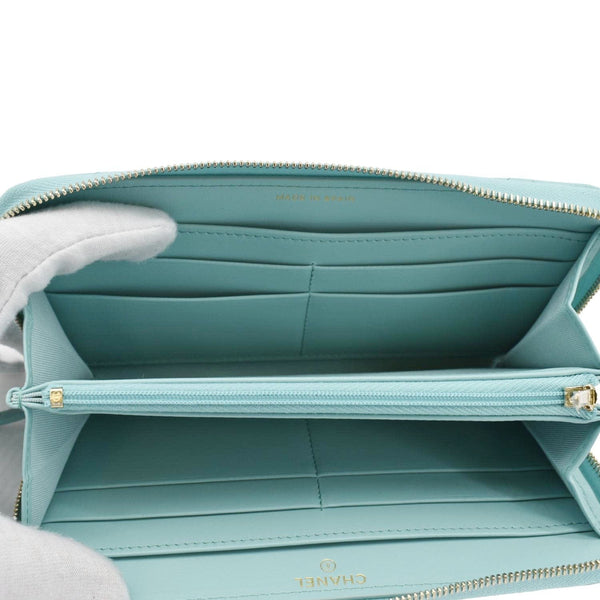 CHANEL Zip Around Quilted Caviar Leather Wallet Turquoise
