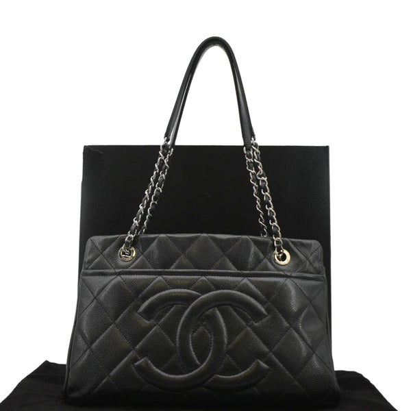 CHANEL Leather Shopping Black Tote Bag over all view