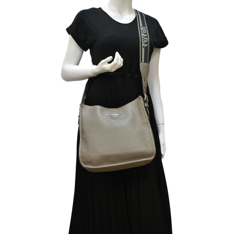 PRADA Leather Shoulder Bag Clay Grey