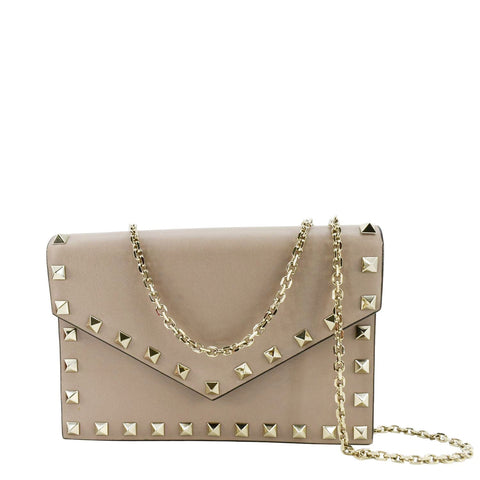 VALENTINO Rockstud Envelope Leather Chain Crossbody Bag Taupe