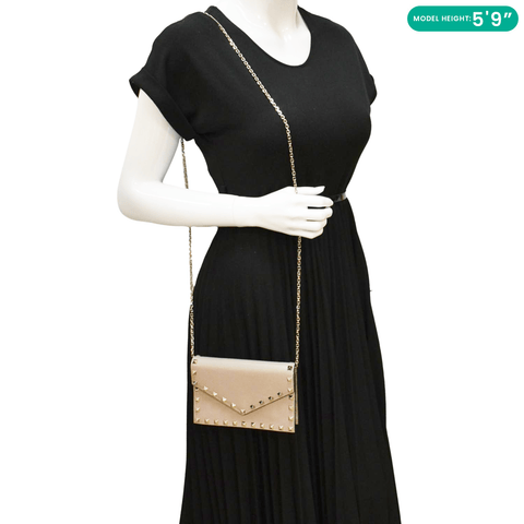 VALENTINO Rockstud Envelope Leather Chain Crossbody Bag Taupe