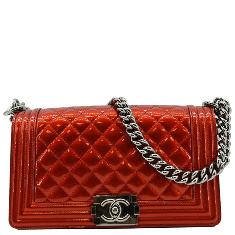 CHANEL Medium Boy Flap Metallic Patent Leather Shoulder Bag Red