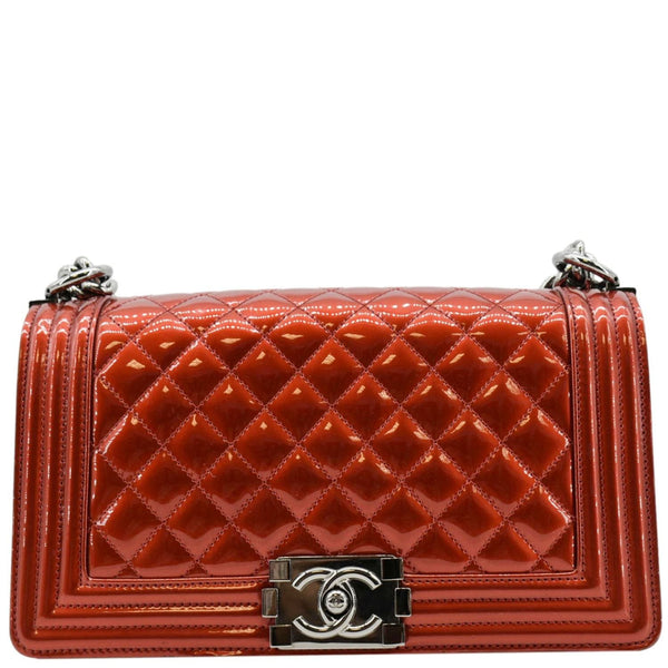 CHANEL Medium Boy Flap Metallic Patent Leather Shoulder Bag Red